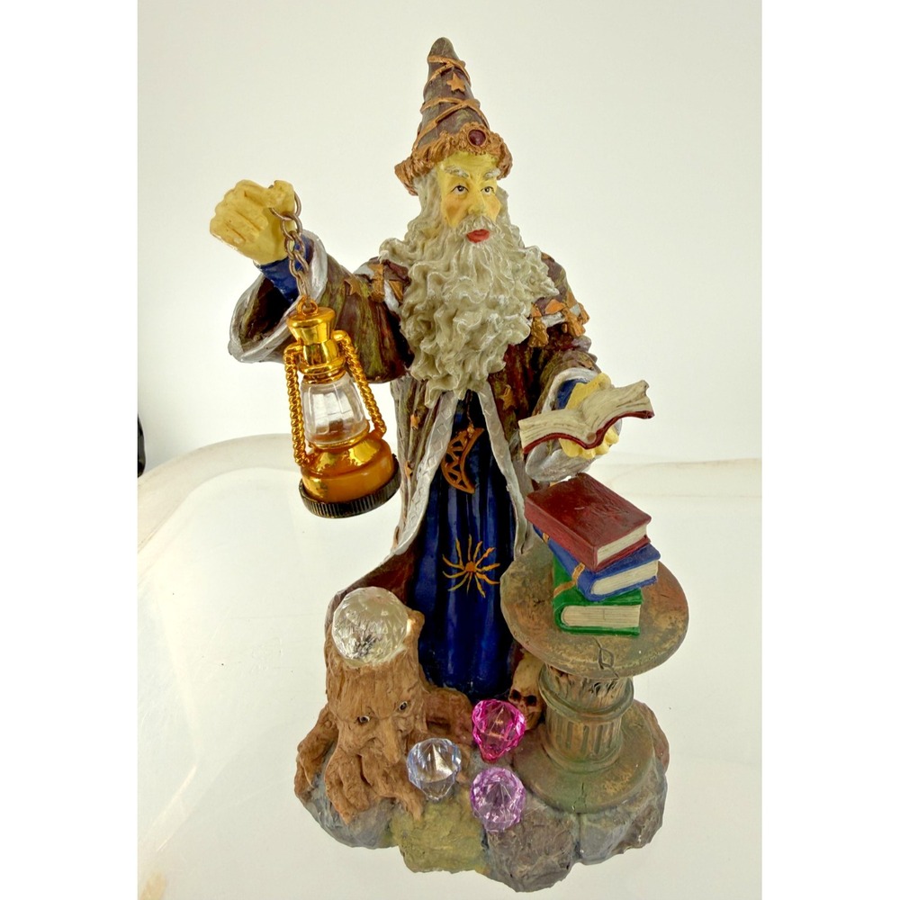 **Wizard with Lantern Crystal Ball Books Fantasy Sorcerer Figurine 9"